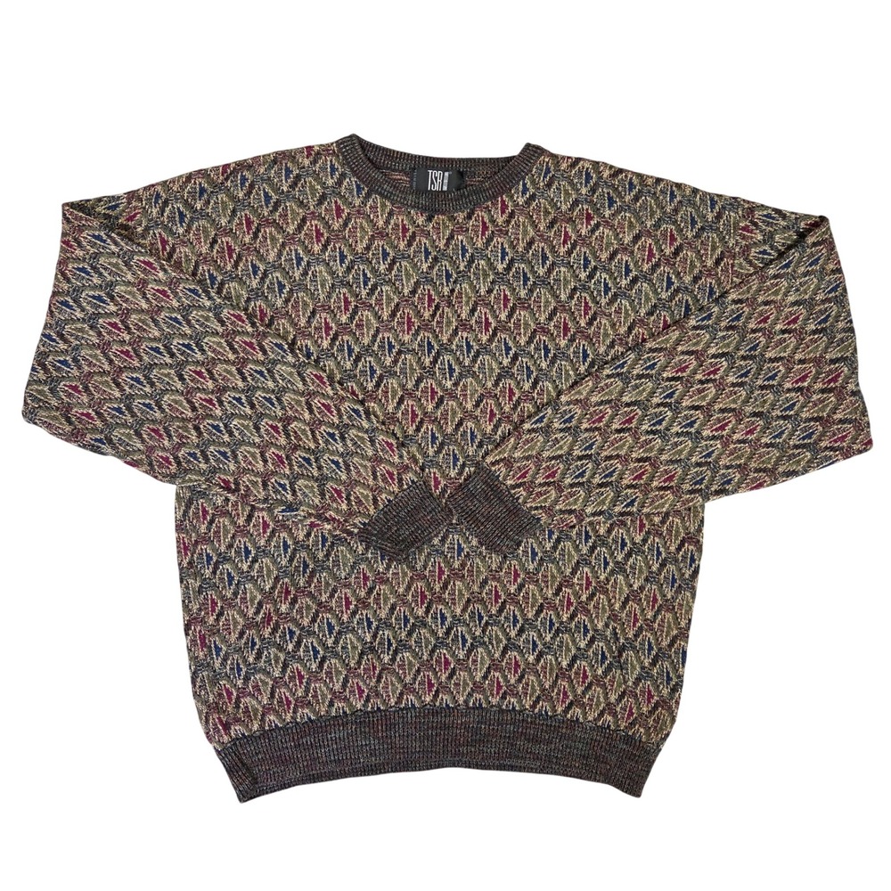 Vintage TSR Mens Large Geometric Knit Sweater Made in USA Grandpa Skater 90s